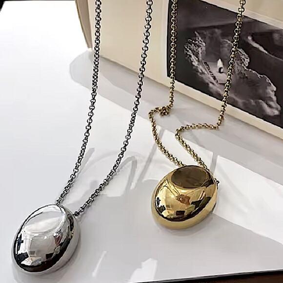 Silver Minimalist Long Oval Sweater Necklace  Stainless Steel Pendant Waterproof - Picture 6 of 9